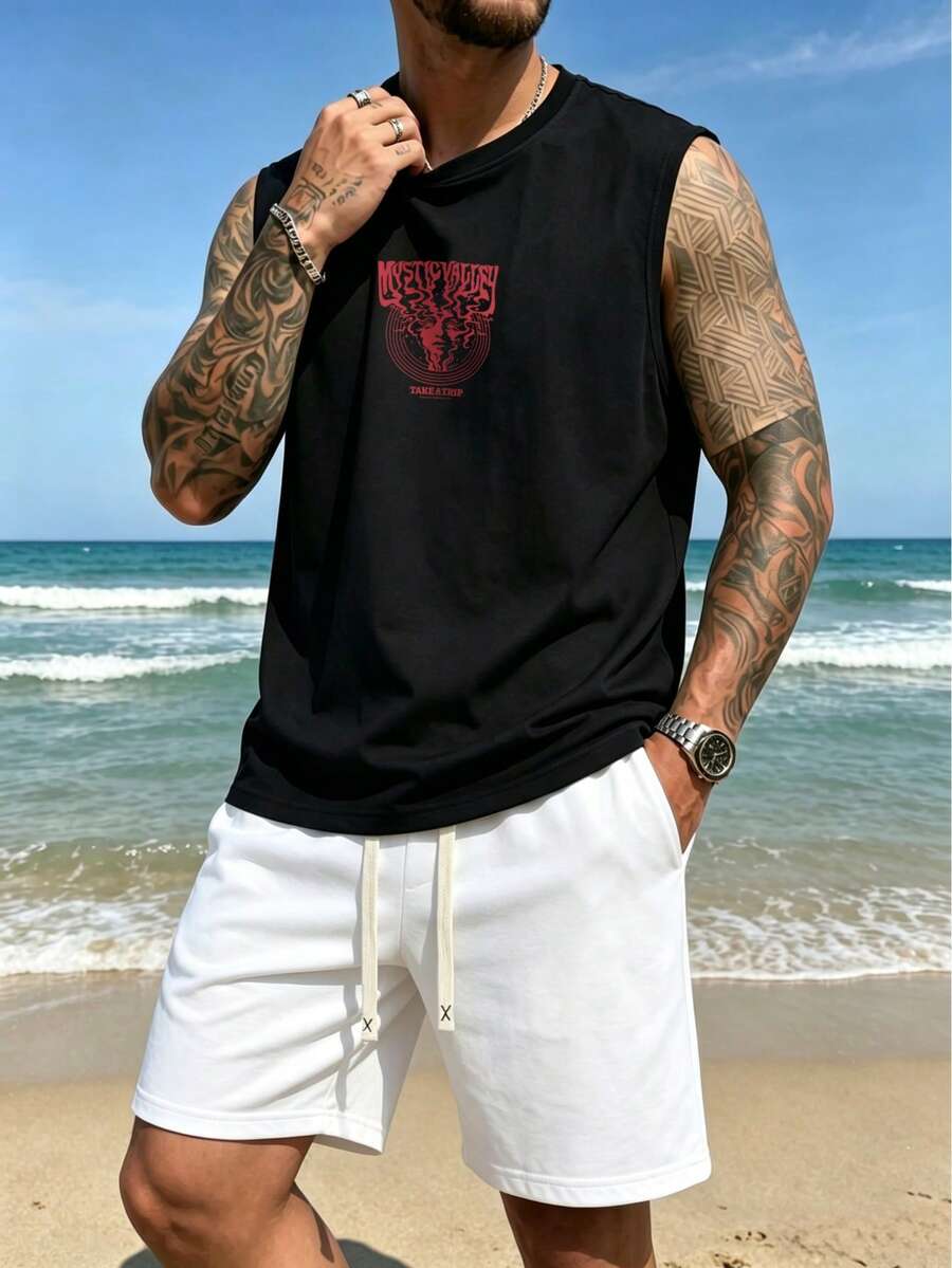 Bộ đồ nam mùa hè JINYA phong cách retro Mỹ, gồm áo tank top và quần short ống đứng in hình núi lửa và cây cọ, thích hợp cho ở nhà, văn phòng, ngoài trời, thành phố, thường ngày, kỳ nghỉ, đường phố, giải trí, trẻ trung, tối giản, học đường, retro đa năng, thanh lịch, thể thao. - Nhiều màu - Xem 1