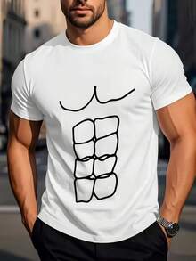 Men's Casual Sporty Fashion Fitness Outdoor Home Short Sleeve-Shirt, Featuring 2D Printed Patterns, Elastic And Comfortable, Suitable Sports, Travel, And Daily Casual Wear. Regular Fit Round Neck, Knitted Fabric, All-Season Versatile - 白色 - 查看 2