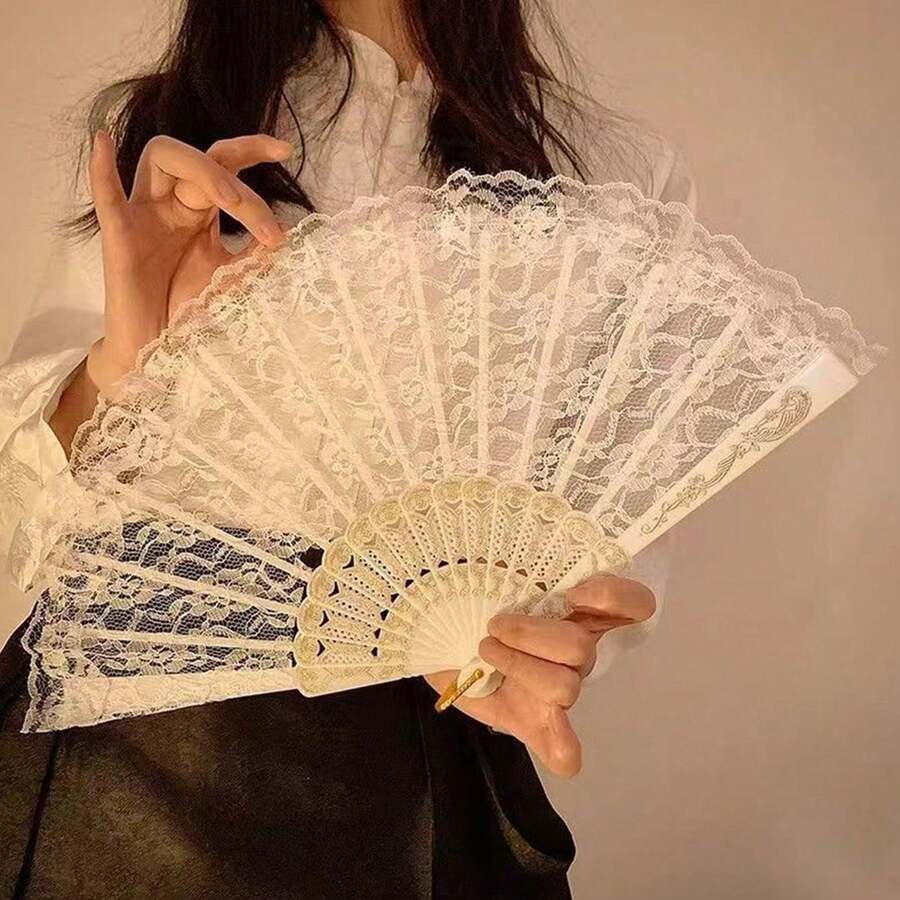 1件優雅復古中式黑白蕾絲摺扇，漢服旗袍配件，復古流蘇攝影道具，適合派對舞會，夏季完美之選