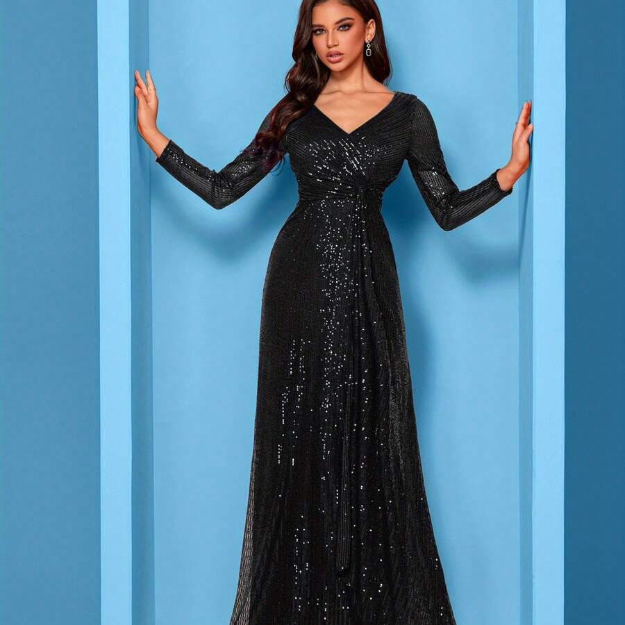 Sequin Long Sleeve V-Neck Twist Waist Slim Fit Wedding Dress Solid Color Women'S Elegant Fashion Long Formal Dinner Party Prom Gown - 黑色 - 查看 1