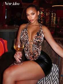Women's Sexy Leopard Print Halter Neck Top, Deep V Hollow Out Gold Ring Decor Backless Tie Up Sleeveless Blouse, Suitable For Party, Night Out, Club Outfit And Outdoor, Holiday Wear - Brown - View 4