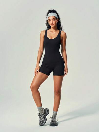 UONNOU 1pc Women's Spring/Summer Sports Shaping Jumpsuit, Sexy Off-Shoulder Backless Design, Peach Butt Lifting, Waist Slimming, Suitable For Yoga, Gym, Fashion Outfit, Casual Daily Wear