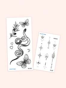 STARTTOOS 2pcs/Set Black Minimalist Fine Line Long Snake Leaf Floral Star Moon Pattern Y2K Temporary Tattoo Stickers, DIY Carnival Wrist Ankle Shoulder Neck Collarbone Body Skin Tattoo Decals - Black - View 3