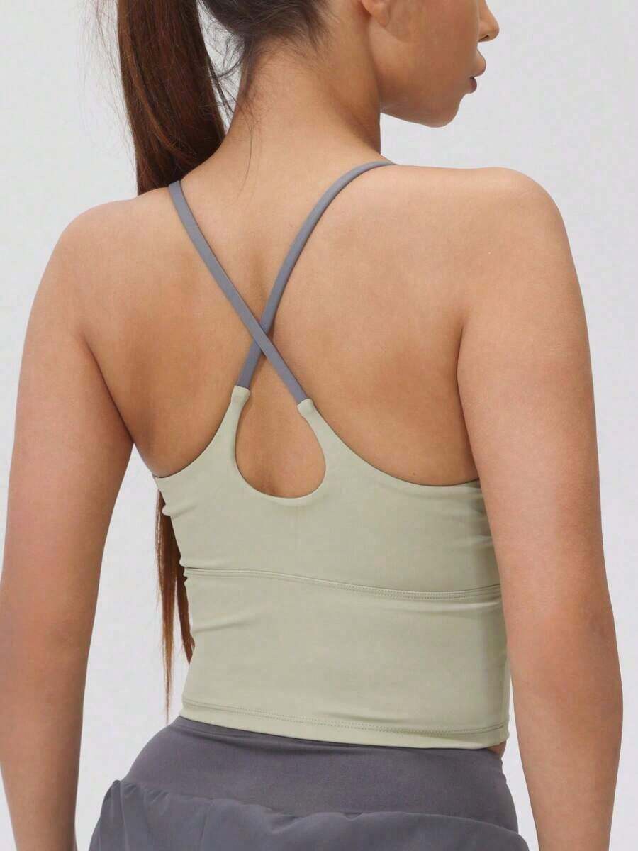 Women's Athletic T-Shirt With Fixed Padding, Color Contrast, Elastic, Summer Yoga Top - 荳蔻綠 - 查看 1