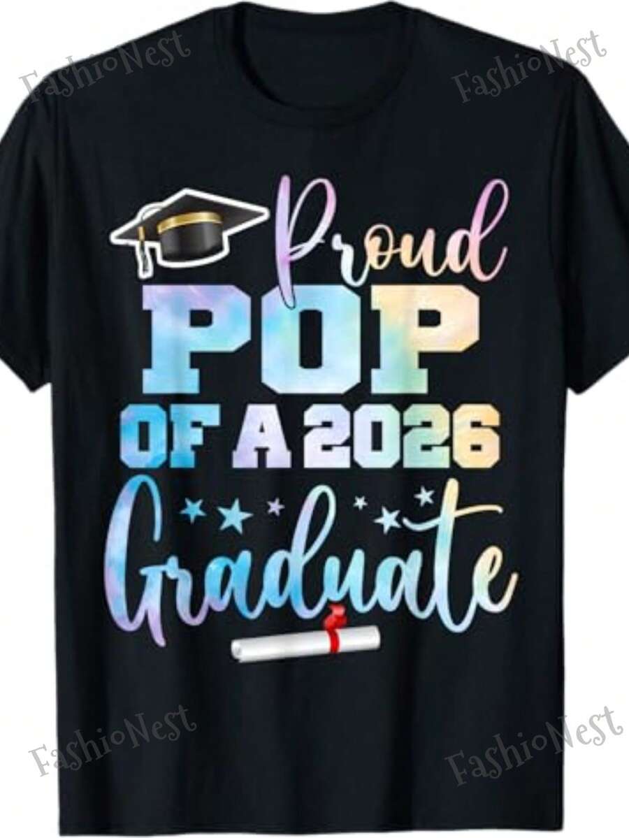 "Proud Grandfather Of A Class Of 2026 Graduate" Graduation T-Shirt, "Proud Grandfather Of A Class Of 2026 Graduate" Graduation T-Shirt, Cool T-Shirt For College Family Members, 100% Casual, Crew Neck, Short Sleeve, Suitable For Both Men And Women, Soft And Breathable, Spring/Summer Comfort, Graduation T-Shirt F - 白色 - 查看 1
