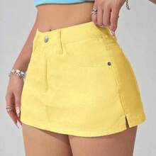 guangzhougaolangshangmao  PETITE Pantalones cortos de mezclilla casuales y versátiles de unicolor con bolsillo para mujer - Amarillo claro - Ver 1