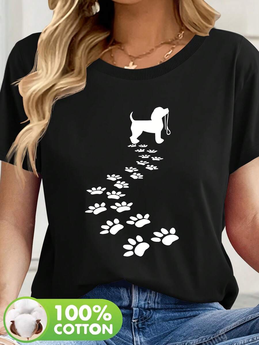 Camiseta Casual de Manga Corta para Mujer con Estampado de Silueta de Perro y Huella - Cuello Redondo en Rosa Suave, Ropa de Verano para Amantes de Mascotas, Lavable a Máquina, Ajuste Relajado, Tejido Transpirable - Negro - Ver 1