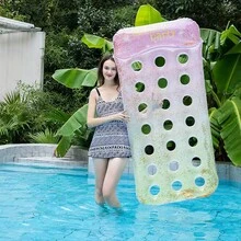1 pieza Colchoneta flotante de piscina transparente y creativa multicolor, hamaca de silla de descanso con agujero impreso, colchoneta inflable para nadar, colchoneta para tomar el sol en fiestas, flotador de piscina, esencial de playa, accesorio de playa - Lámina flotante redonda con agujeros y degradado de purpurina de 180# - Amarillo Rosa - Ver 2
