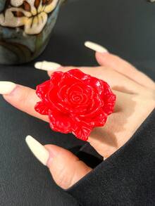 可调节哥特式超大玫瑰戒指，黑/红树脂材质，朋克暗黑风格饰品，适合时尚派对佩戴 - 彩色 - 查看 9