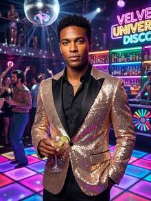 Plus Size Men's Sequin Suit Jacket, Formal Wear For Banquet, Wedding, Hosting - Champagne - View 1