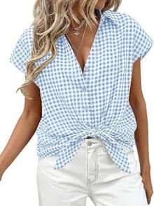 Puff Sleeve Striped Ruffle Blouse V Neck Button Front Summer Top Chic Casual Work Office Outfit For Women - 淺藍格子 - 查看 2