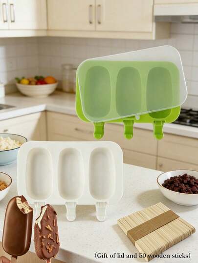 1 pieza Molde de silicona ovalado de 3 cavidades para paletas, molde de helado DIY con tapa y 50 palitos de madera para paletas