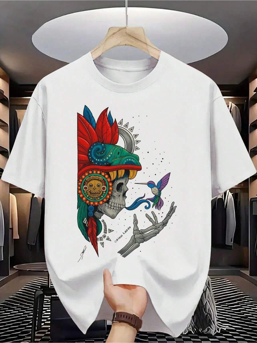 Camiseta 100% para hombre - Manga corta, cuello redondo, impresión digital, cómoda para todas las estaciones, lavable a máquina, ideal para salidas diarias, cuello redondo, diseño circular, camiseta casual de verano Muscle Freaks  Skull Style Dark Craneo Art - Blanco - Ver 1
