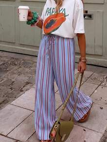 Pantalones sueltos con cordón en la cintura y rayas de colores, adecuados para uso diario, vacaciones, oficina y hogar en verano - Azul - Ver 6