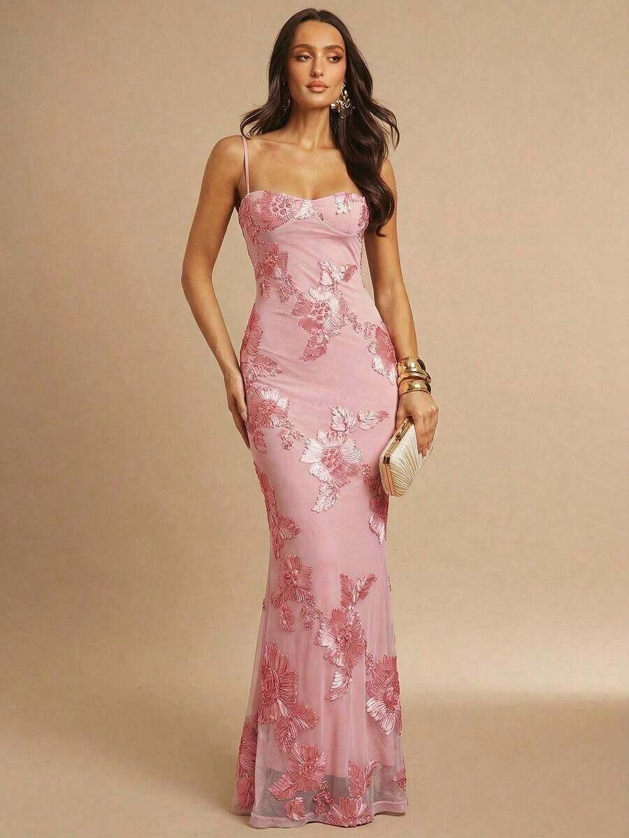 Fitted Strappy Dress With 3D Floral Print - Apricot - View 1