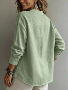 Blusa 2026 de mujer de estilo minimalista y preppy, de manga larga, cuello en V pequeño, con detalles de smocking y tela arrugada, de corte holgado y semitransparente, para oficina y uso diario - verde menta - Ver 2