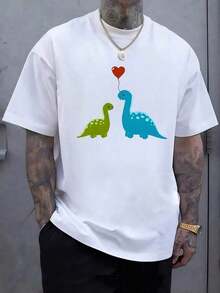 Two Dinosaurs Of Different Colors Gazing Tenderly At Each Other While A Red Heart Floats Above Them, Representing Love. Men's T-Shirt, 220g, 100% Cotton - 白色 - 查看 8