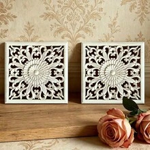 2pcs Solid Wood Carving Hollow Square Flowers, Home Decorations, Woodworking Supplies, Suitable For Cabinets, Doors And Windows, Furniture, Background Walls, Porches, Offices And Other Decorations, Holiday Decorations, DIY Decorations. - Multicolor - View 5