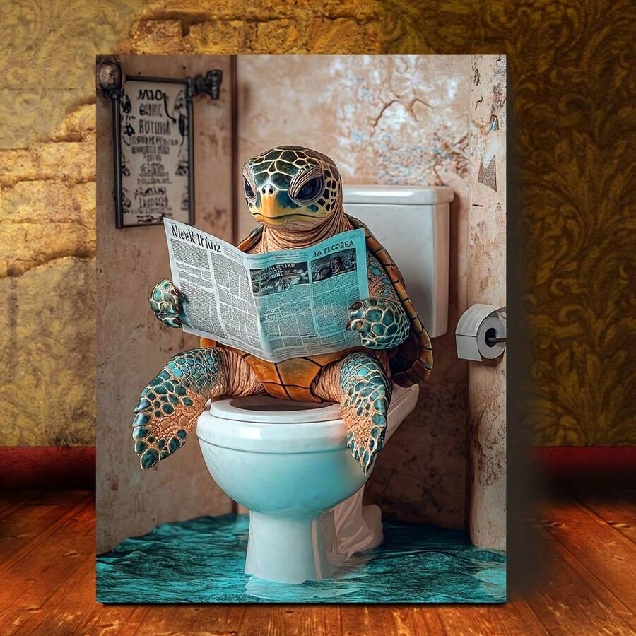 1pc Whimsical Sea Turtle Reading Newspaper Canvas Wall Art,Oceanlife Turquoise, Contemporary Country Style, Unique Bathroom Or Home Office Decor For Living Room, Bedroom, Turtle Decor, 2D Flat Canvas Wall Art, Canvas Wall Art,Posters For Room,Home Decor,Room Decor Aesthetic,Room Decoration Stuff.Optional Frame