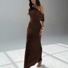 . .  Vestido asimétrico de hombro de unicolor elegante para mujer - Café integral - Ver 4