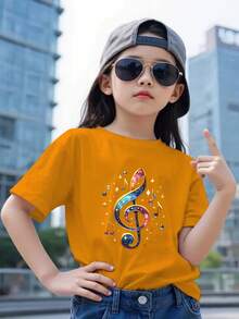 Latest Fashion, Vibrant Short Sleeve T-Shirt - 95%, Summer Sports Top With Round Neck, Fashion Print Elements, Casual Sporty Short Sleeves, Comfortable Loose Fit, Breathable And Soft, Suitable For Daily Leisure And Outdoor Activities - 橘色 - 查看 1
