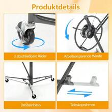 Foldable Drywall Panel Lifter: For Drywall Panels Up To 68 Kg, Height Adjustable From 180-470 Cm, 3 Wheels With Locking Brakes, 60° Tilt, Grey - Grey - View 7