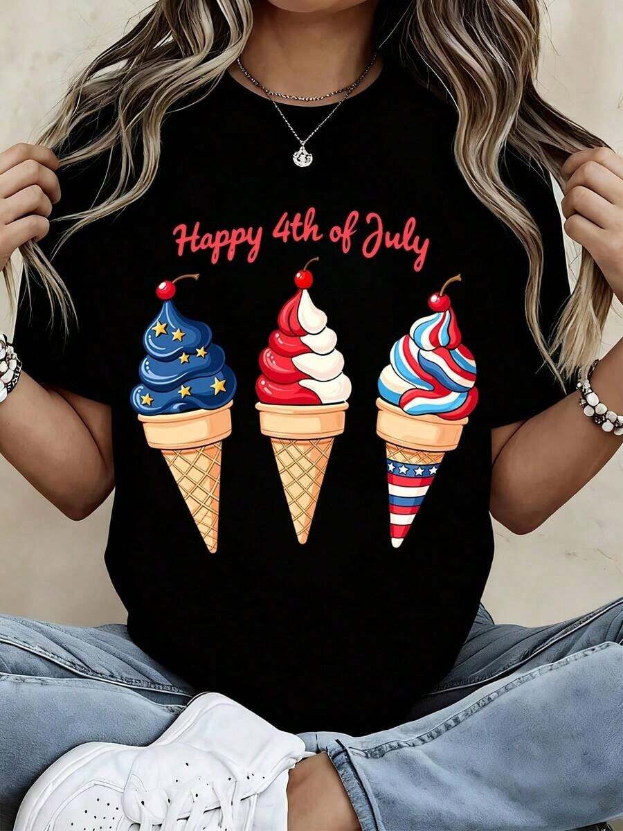 All-Day Comfort. Summer Short-Sleeve T-Shirt With An Ice Cream Design, Perfect For The 4th Of July. The Relaxed, Comfortable Fit Flatters All Body Shapes, While The High-Quality Material Feels Soft Against The Skin And Offers Durability. - 黑色 - 查看 1