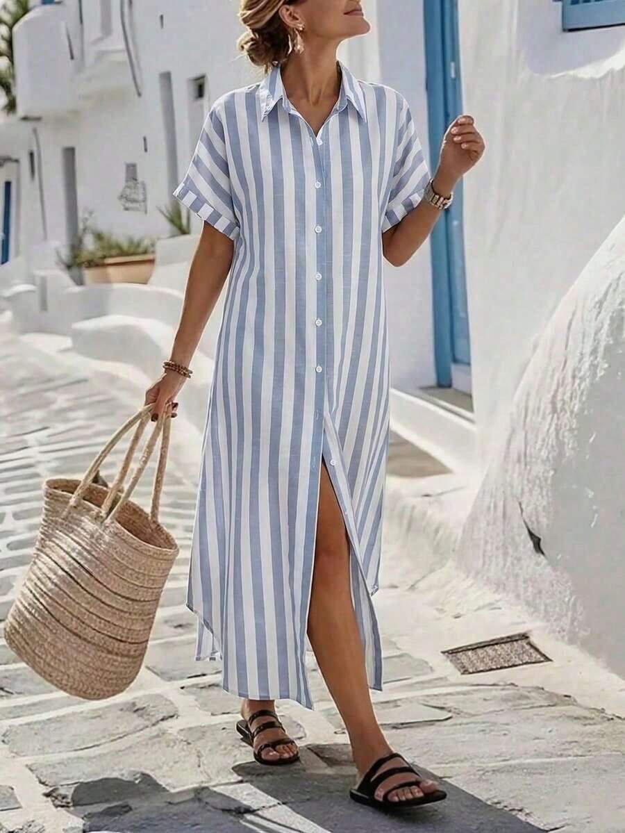 Vestido camisa casual de mujer de manga murciélago con rayas y abotonadura sencilla - Azul - Ver 1