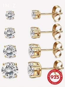 925純銀耳釘套組 | 白金鍍層耳釘 | 鋯石耳釘，適合女性、女孩、男性 (3mm, 4mm, 5mm, 6mm) - 金色 - 查看 2