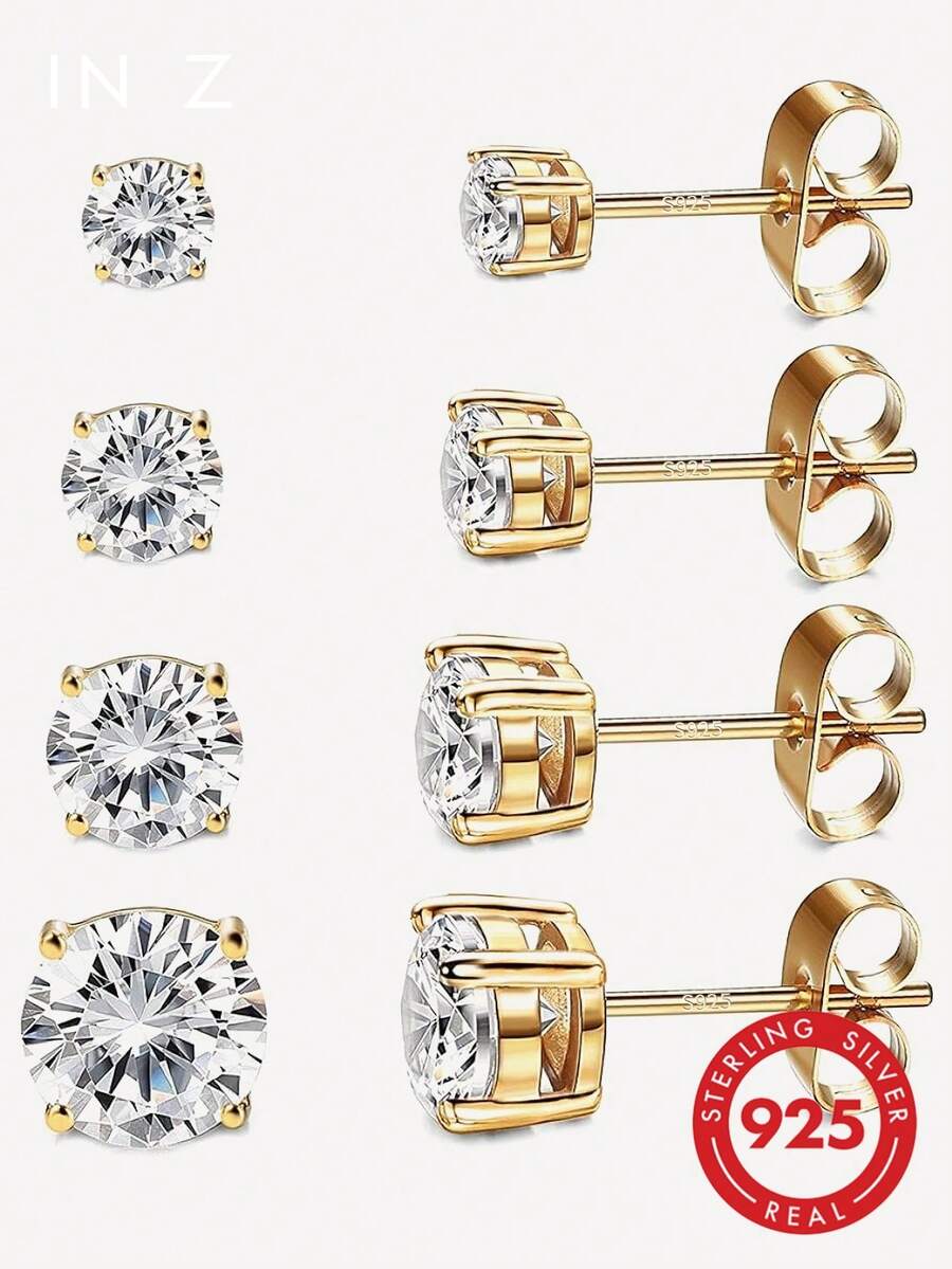 925純銀耳釘套組 | 白金鍍層耳釘 | 鋯石耳釘，適合女性、女孩、男性 (3mm, 4mm, 5mm, 6mm)