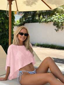 (Ligero) Cubre transparente de punto sin mangas y corto sexy para mujer, adecuado para primavera/verano, uso casual, viajes y playa, color blanco - Rosa - Ver 8