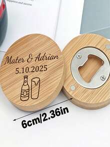 Personalized Engraved Bottle Opener Magnet, Customized Couple's Name And Date Round Bamboo Bottle Opener Magnet, Floral Design Wedding Favor, Perfect Bridal Shower And Engagement Gift - Wood Color - View 6