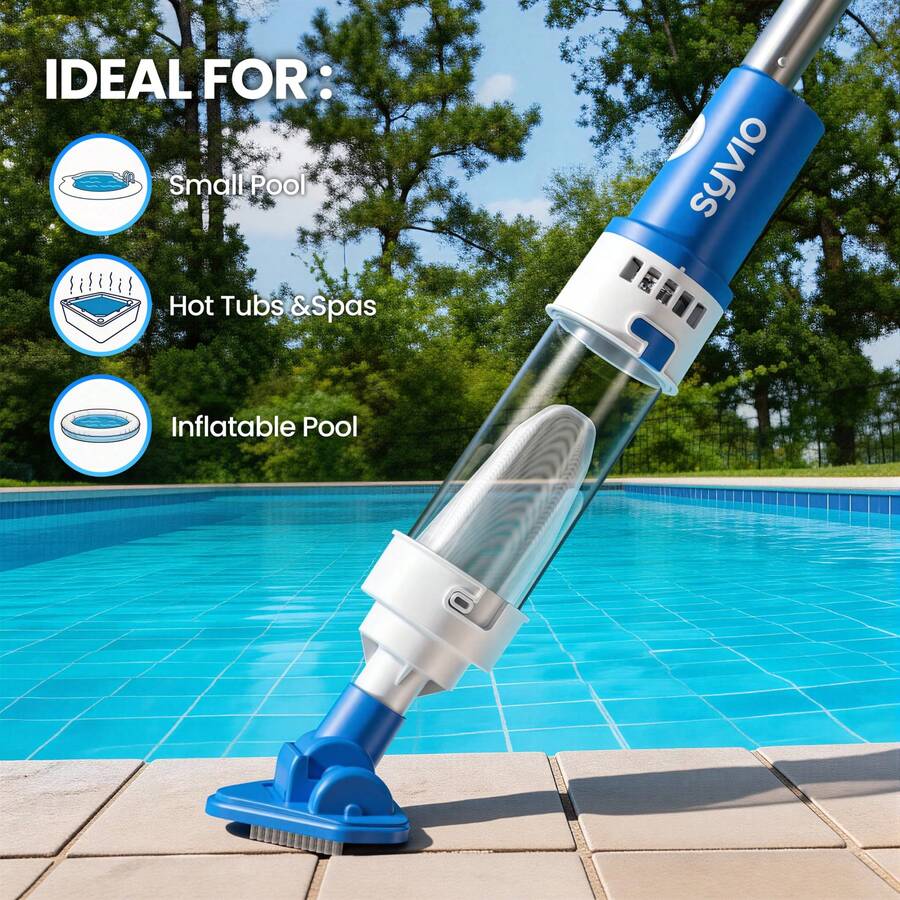 SYVIO Cordless Rechargeable Small Pool Vacuum Spa Hot Tub, With 2 Brush Heads, 9. 5GPM Suction, 60 Min Runtime, Say Goodbye To Hair, Bugs, Twigs, Leaves In Your Pool - Blue - 查看 1
