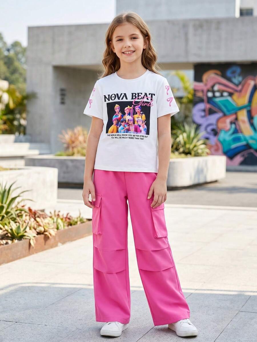 Set de 2 piezas de camiseta de manga corta con estampado de niña y lazo + pantalones de pierna ancha rosa con bolsillos para niñas en verano - Rosa - Ver 1
