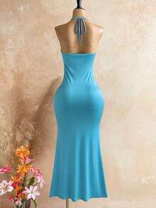 Vestido de verano con escote halter, espalda descubierta, acento metálico de concha, diseño acanalado y bajo de cola de pez para mujer, ideal para vacaciones en la playa - Agua verde azul - Ver 2