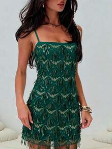 Glam Sequin Fringe Cami Mini Dress Women Bodycon Party Stage Performance Dress - Dark Green - View 3