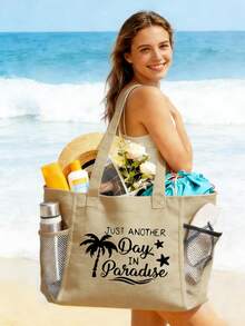 Set 1/2/3 buc. geantă tote Paradise Beach pentru femei, din in și pânză, cu capacitate mare, geantă de umăr cu buzunar de plasă, husă de machiaj și cutie cosmetică asortată, ușoară și reutilizabilă, cu imprimeu tropical de coastă, esențială pentru vacanță de vară, călătorii, croazieră, piscină, cumpărături și uz zilnic, cadou stilat pentru mame, fete, domnișoare de onoare și călători, pentru Ziua Mamei, aniversări, lună de miere și vacanțe de vară - Multicolor - View 5