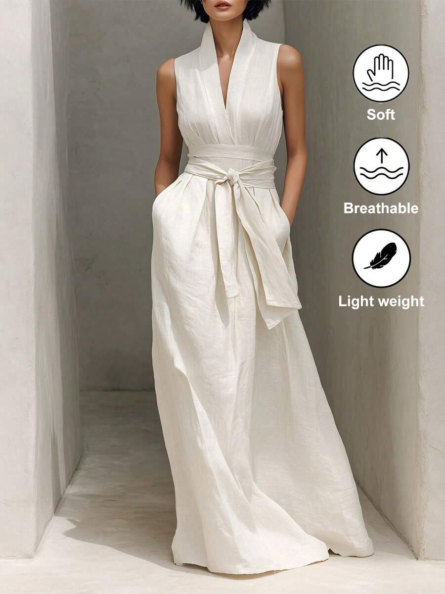 Đầm maxi nữ cổ chữ V không tay thắt eo chéo dáng chữ A, đầm dài thanh lịch tôn dáng thắt eo, phong cách casual chic, đi chơi mùa hè - Vàng nhạt - Xem 1