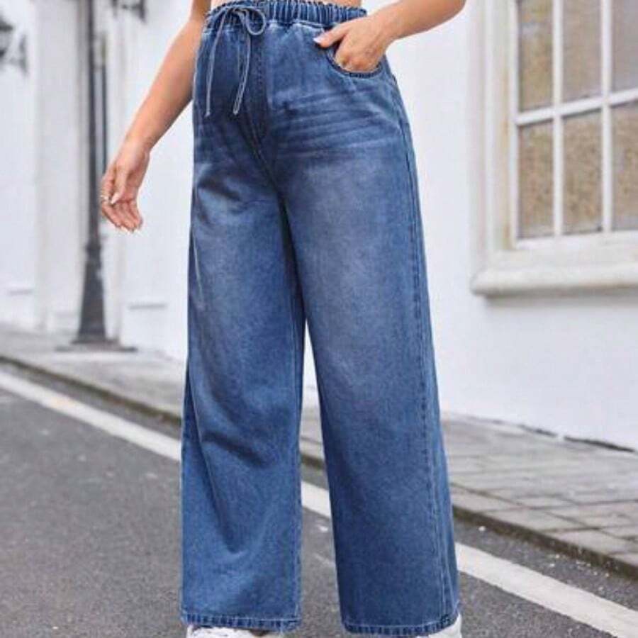 Pantalones vaqueros de maternidad de pierna ancha y relajados, azules, vaqueros de mamá de pierna ancha estilo bohemio de verano - Azul lavado medio - Ver 1