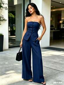 Strapless Bustier Set With Wide Leg Pants - Elegant Style For Women - Royal Blue - View 4