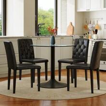 Table And Chair Set. This Minimalist And Modern Glass Table Set, 85 Cm In Diameter, Includes A Table And Four Chairs – Polyurethane Dining Chairs With Tufted Backs. A Subtly Luxurious Choice For Your Dining Room. - Black - View 4