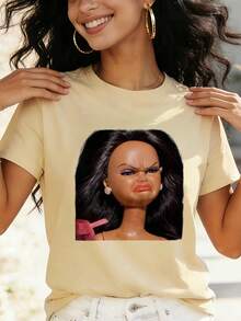 Doll Face Print Digital Print Short Sleeve Unisex Pure Cotton Loose And Comfortable - Apricot - View 1