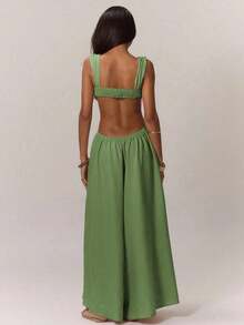 Extreme Wide Leg Jumpsuit Draped Front Bust Cups Cut Out Sides Open Back Vacation Boho Western Spring Summer Vacation Beachwear Elegant Ibiza Holiday Wedding Guest Date Night Sexy Evening Bohemian  Green Spring Summer Wedding Party Easter - 軍綠色 - 查看 2