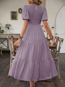 Vestido largo envolvente de mangas abullonadas de unicolor para mujer, atuendo de playa y vacaciones - Albaricoque - Ver 8