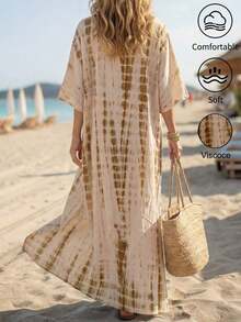 Holidaya Vestido casual suelto con escote en V, estampado de teñido anudado, con bolsillos grandes, para vacaciones de verano en la playa, estilo bohemio - Albaricoque - Ver 2