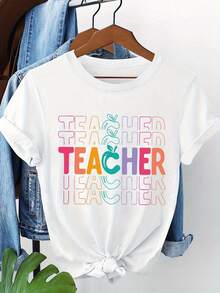 (001 # Fashionable Women's T-Shirt, Round Neck T-Shirt With Printed Design, Casual Short Sleeve T-Shirt For Women 100% Cotton. - 白色 - 查看 5