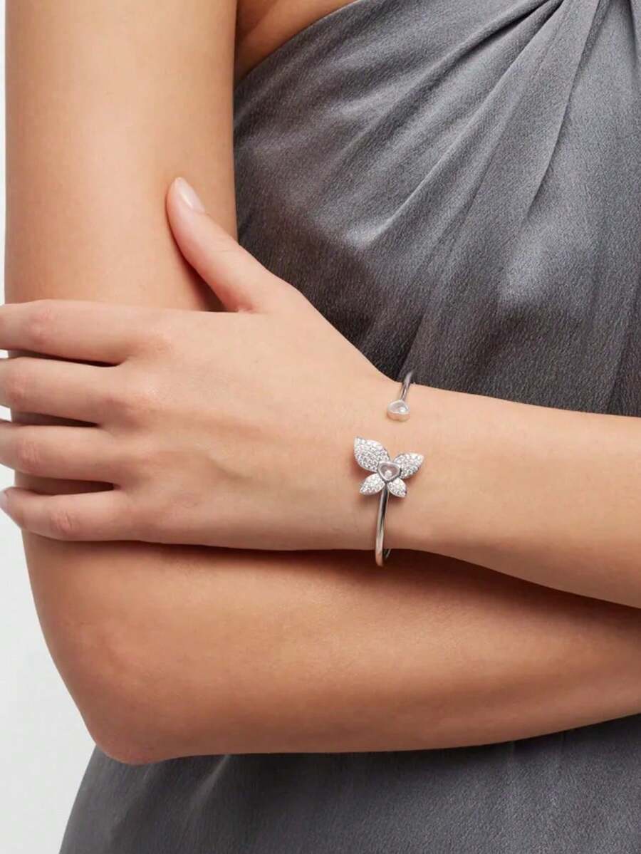 1pc European And American Fashion Rhinestone Petal Micro-Inlaid Zirconia Heart Bracelet, Personalized Design Cuff Bracelet Jewelry For Daily Wear And Party - Silver - View 1