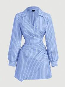 MOD Vestido de mujer de manga larga con volantes y estampado de rayas azul y blanco, vestido de Navidad, camisa de Acción de Gracias, ropa de mujer de negocios, atuendo de mujer para la playa - Negro - Ver 6