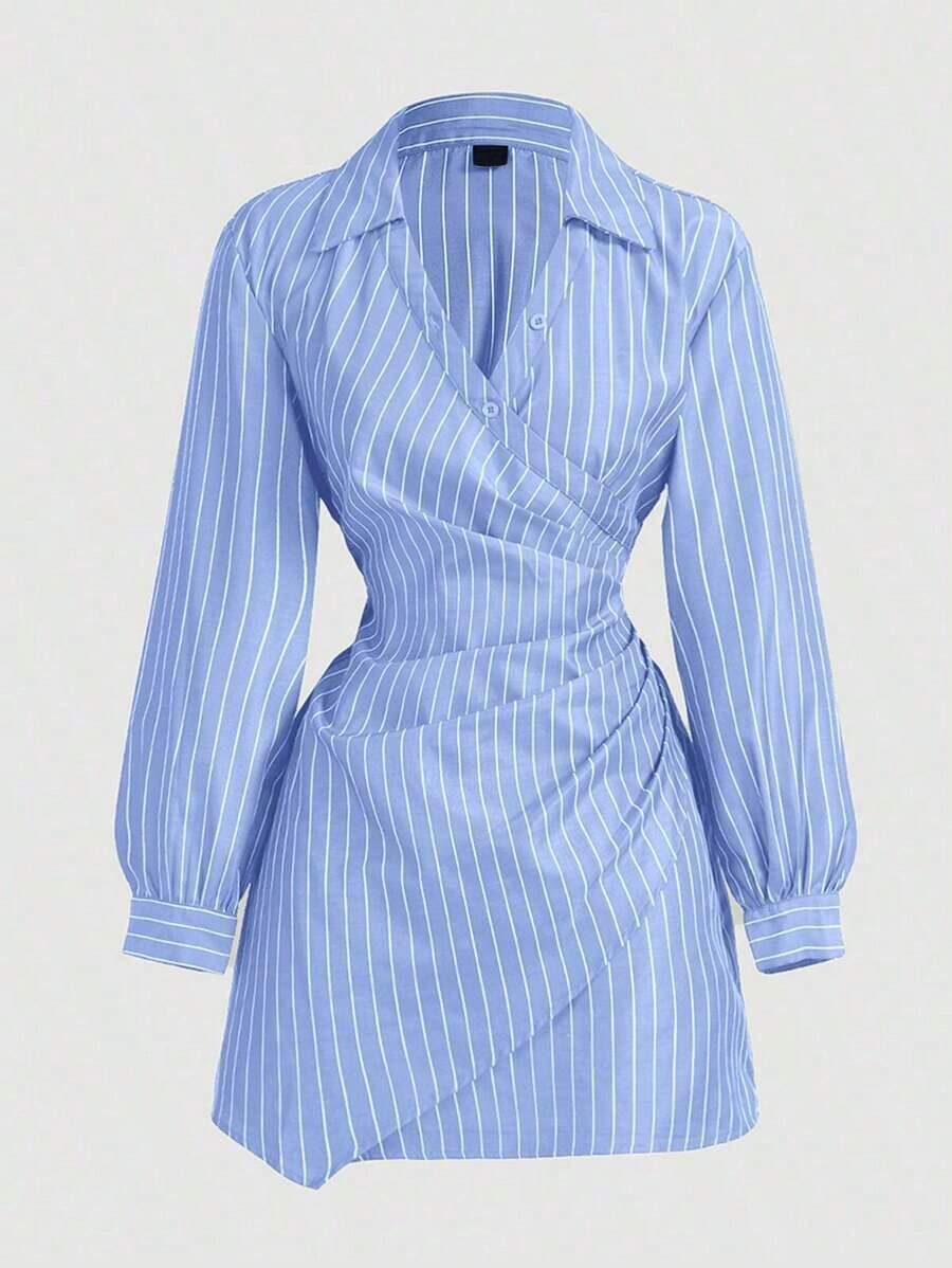 MOD Vestido de mujer de manga larga con volantes y estampado de rayas azul y blanco, vestido de Navidad, camisa de Acción de Gracias, ropa de mujer de negocios, atuendo de mujer para la playa - Azul - Ver 1