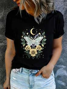 Women's Summer T-Shirt, Short-Sleeved And Printed, Modern And Casual, Machine Washable, Comfortable Fit. - 黑色_08 - 查看 12